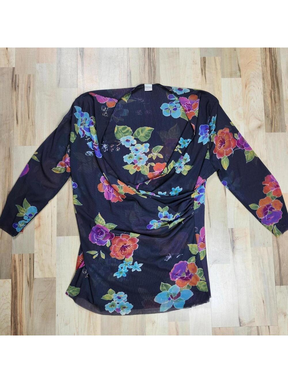 Sweet Pea Floral Mesh Top Ruched Blouse Sheer Long Sleeve Multicolor S